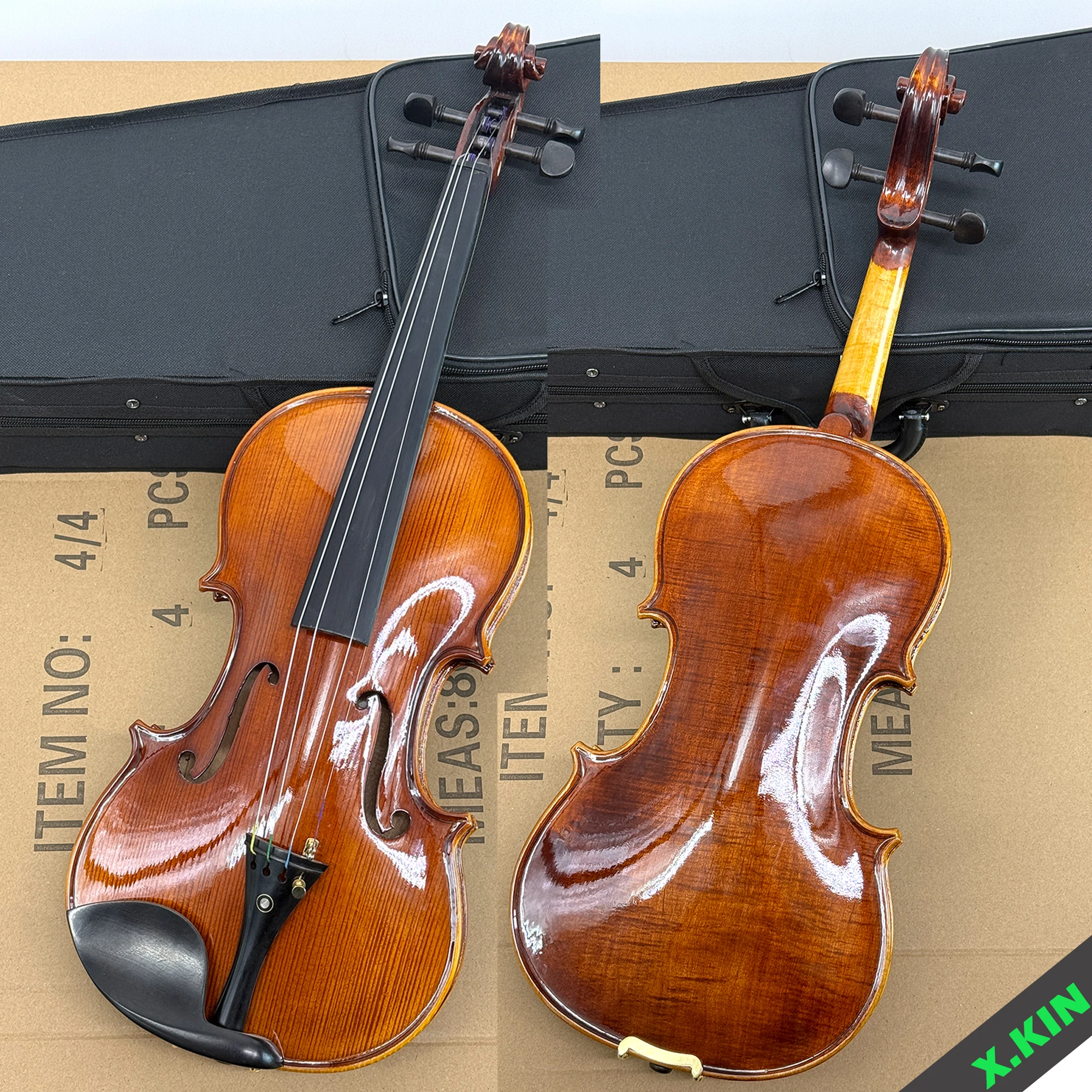 Professional Handmade Natural Flame Wood Violin 4/4, Maple Backboard, String Instrument, Antique Violin 4/4 3/4 with Hard Case, Shoulder Rest, Bow, Strings, Mute