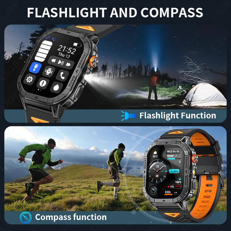 LIGE Military Smart Watch Men 2.13inch AMOLED Screen 480mAh Battery LED Flashlight Heart Rate Bluetooth Call Smartwatch Outdoor