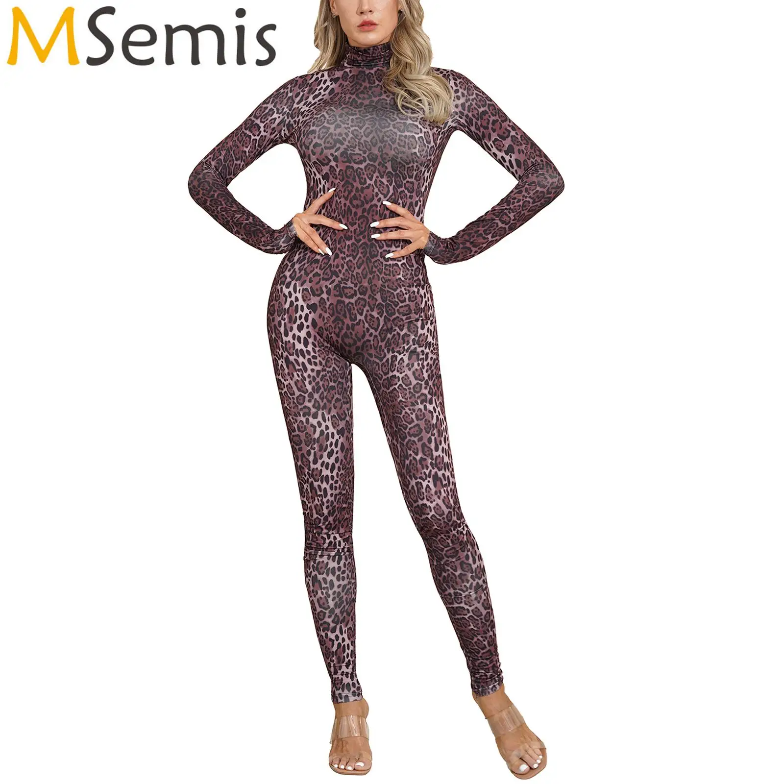 

Women Solid Color High Collar Long Sleeves Stretchy Long Jumpsuit Bodysuit Modern Dancewear Workout Jogging Gym Yoga Fitness