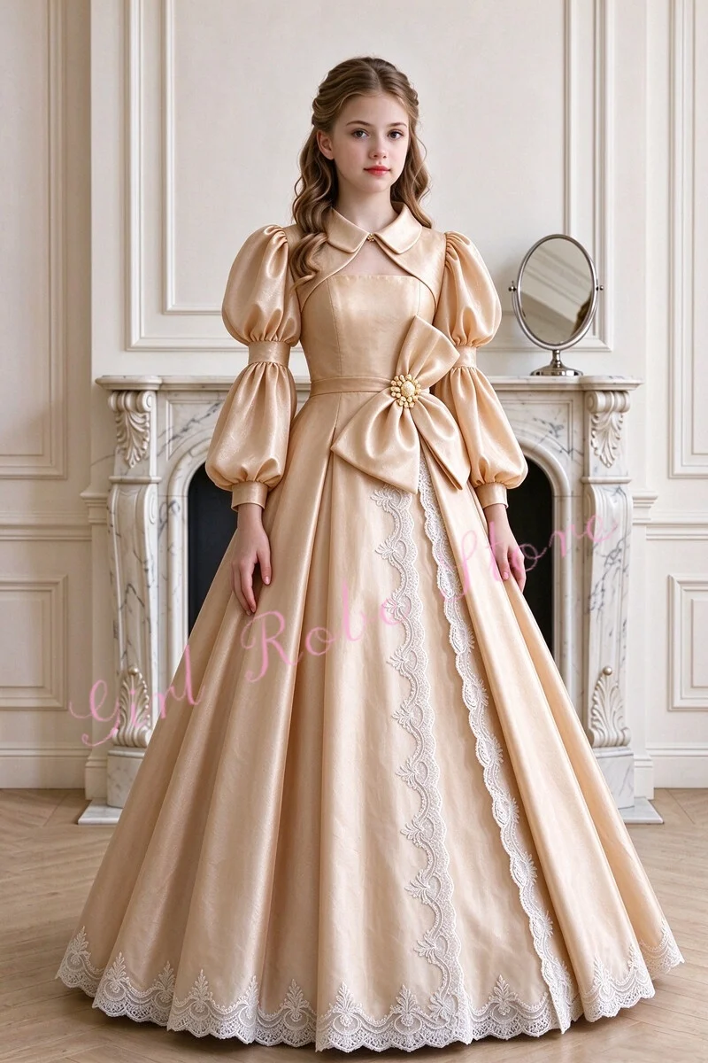 Customized Princess Pink Luxurious Satin Lace A-Line Long Sleeves Elegant Teen Graduation First Communion Bridesmaid Prom Gown