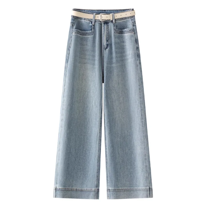 جينز أزرق فاتح للنساء، سروال مستقيم خريفي عصري متعدد الاستخدامات للتخسيس صغير الحجم تسع نقاط