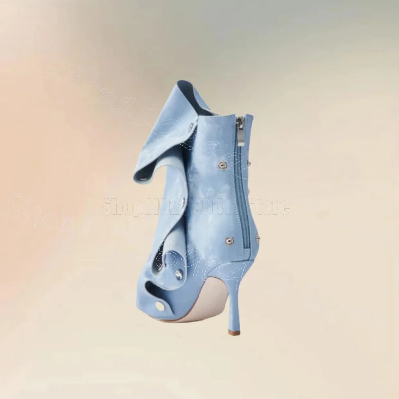 

Sky Blue Pleated Design Metal Decor Sandals Boots Back Zipper Women Shoes Thin High Heels Party Banquet 2026 Zapatos Para Mujere