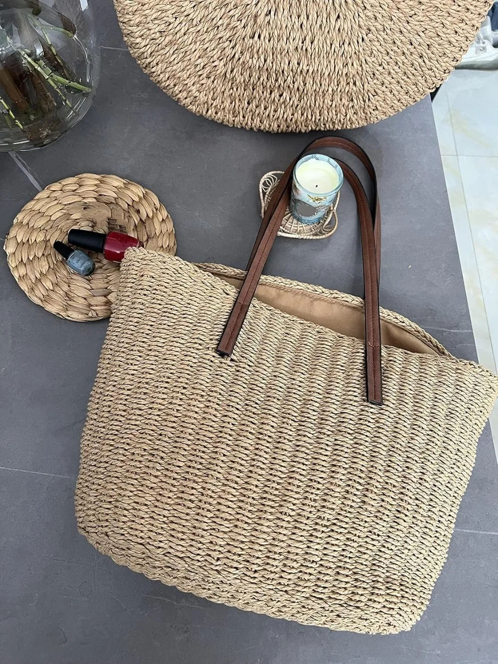 M Size Travel Straw Tote Bag Woven Summer Handmade Shoulder Handbag view 3