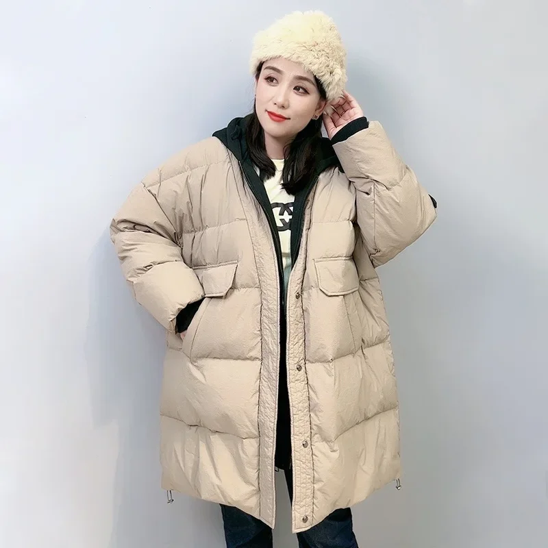 Women White Duck Down Over Size Jacket Autumn Winter Warm Casual Outwear with Hood Fake Two Pieces Patchwork Coat 2024