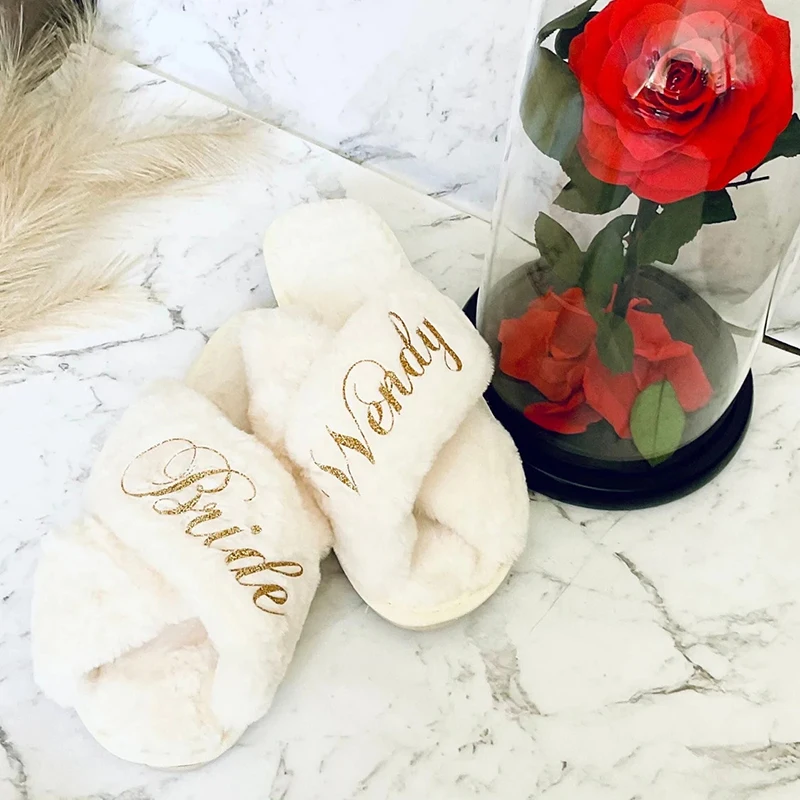 Custom Bride Fluffy Slippers Personalized Bridesmaid Proposal Bridal Shower Gift Wedding Bachelorette Party Spa Fuzzy Slippers