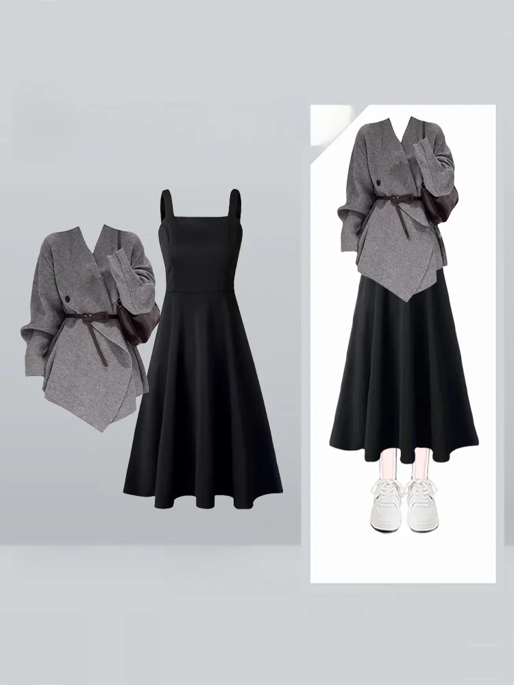 

Winter Light Maturity Style Women's Cross Sweater Dress Two-Piece Set Elegant Waist-Cinching Strap Dress Fashionable Ensemble