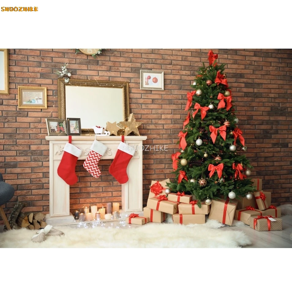 Christmas Backdrop Vintage Wall Xmas Tree Gifts Interior Kids Family Christmas Party Portrait Photography Background Decor Prop