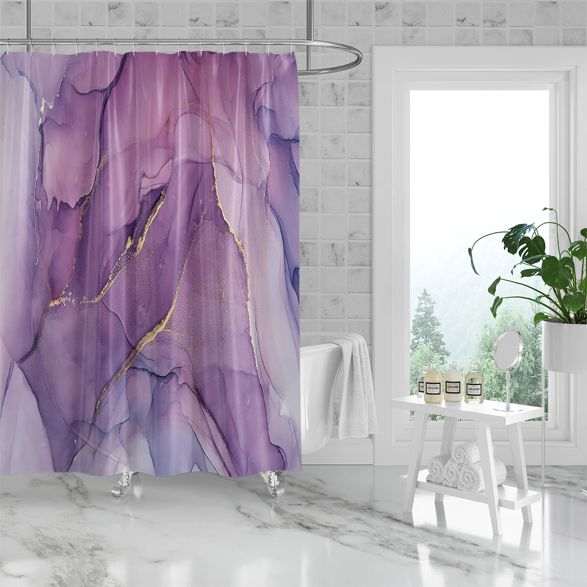 1 piece of 180x180cm purple marble pattern digital printing shower curtain partition bathroom waterproof and mold resistant