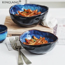 KINGLANG Beautiful Bowl Ceramic Deep Bowl Irregular Creative Dinnerware Blue Color Bowl Dishes Noodle Bowls