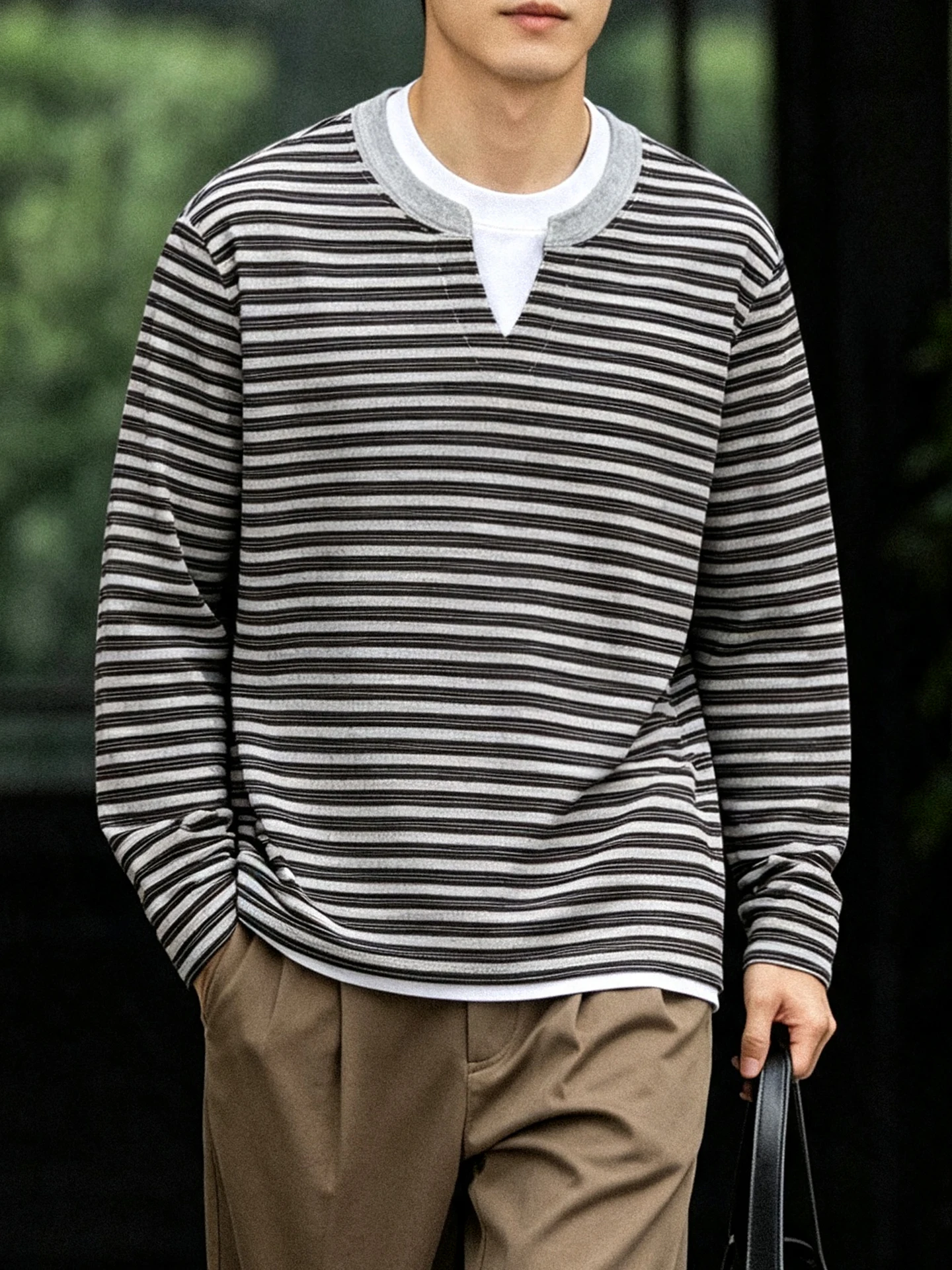 Pure Cotton Striped Long Sleeve T-Shirt Men's Loose Fit Large Size Casual Small V-Neck Commute Casual Top Trendy Citywalk Dat...