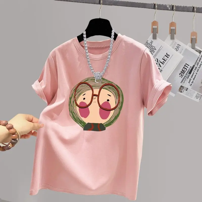 Women Cartoon Printed O-neck T-shirt Summer Basic Pure Cotton Chic Y2k Short Sleeve Tops Comfortable Breathable Top Tees