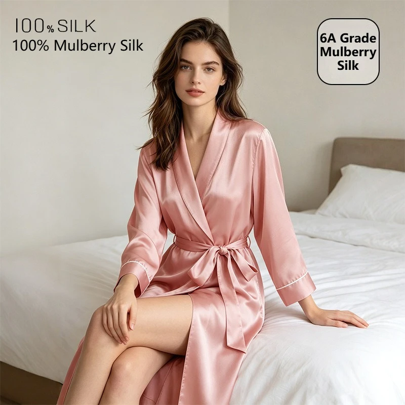 Silk nightgown women's 100% mulberry silk long single robe high-end simple loungewear morning robe