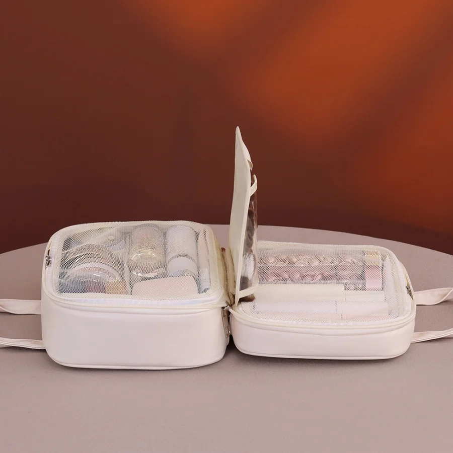 حقيبة مكياج متعددة الوظائف للنساء من جلد البولي يوريثان، سعة كبيرة، محمولة بسحاب مزدوج، فرشاة مكياج للسفر، حقيبة تخزين أدوات الزينة