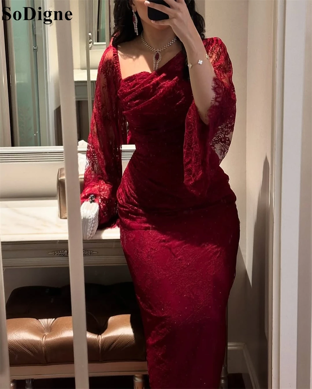 SoDigne Elegant Burgundy Lace Evening Dresses Mermaid Long Sleeves Beading Crystal Party Dress 2025 Formal Prom Gowns Customized image 2