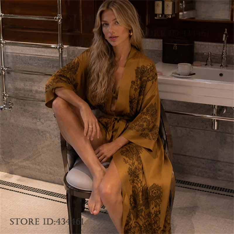 Fashion Printed Women's Robe Long Kimono Bathrobe Gown Sexy Print Flower Sleepwear Nightygown Beach Bikini Outerwear Cardigan