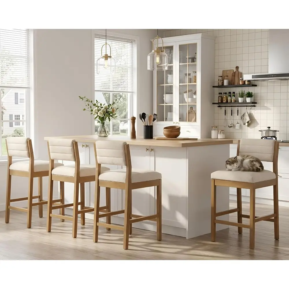 Set of 4 Beige Linen-Clad Counter Height Bar Stools with Solid Wood Legs, Footrest, and Back Support