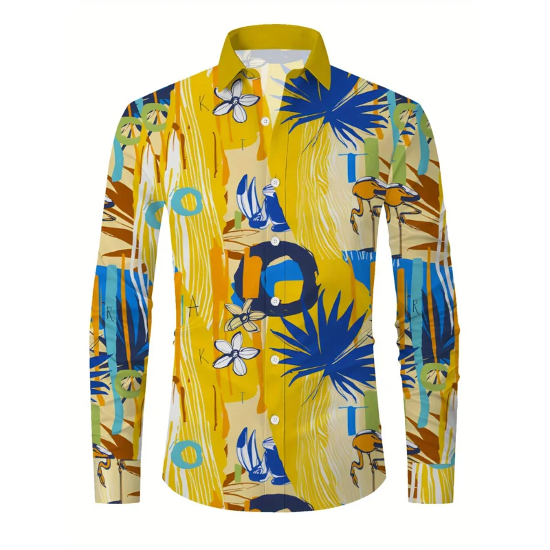 

Men'S Polyester Slight Stretch Lapel Collar Button Shirt, All Over Print, with Regular Fit