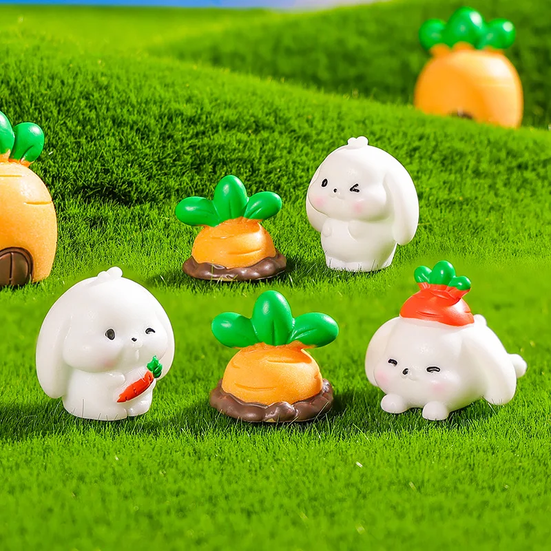 6Pcs Mini Bunny Carrot House Rabbit DIY Fairy Garden Accessories Miniature Ornament Statue Figurines Landscape Home Craft Decor