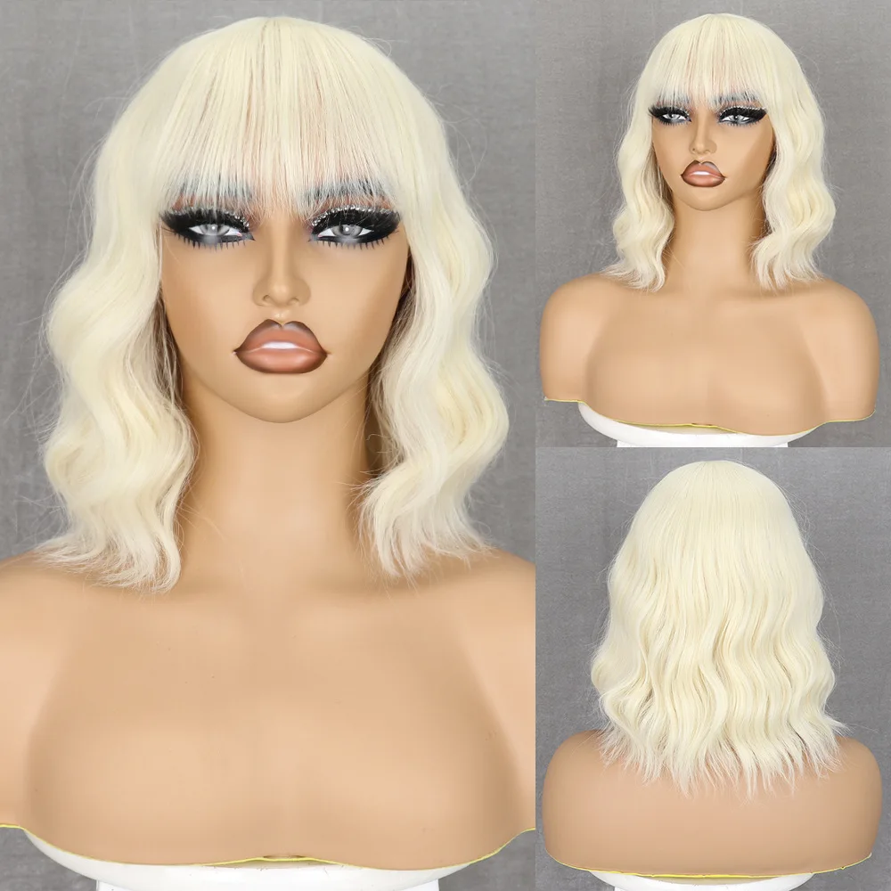 European beautiful woman light gold bangs water ripples shoulder length curly hair wig