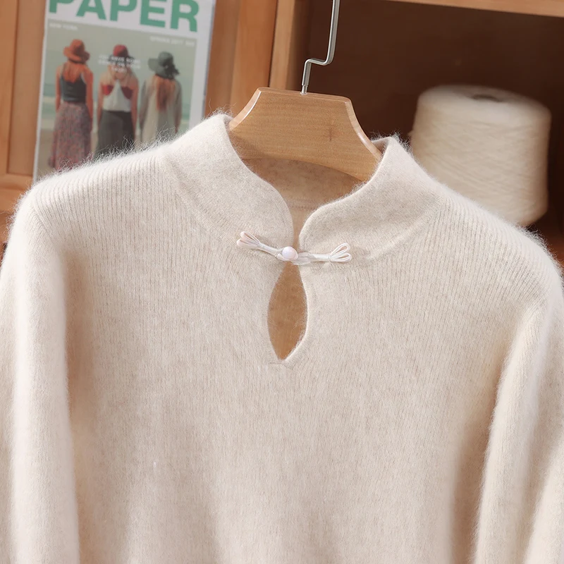 Outono inverno feminino estilo chinês abotoado camisola pulôver simples básico casual macio quente inferior roupas 100% vison caxemira