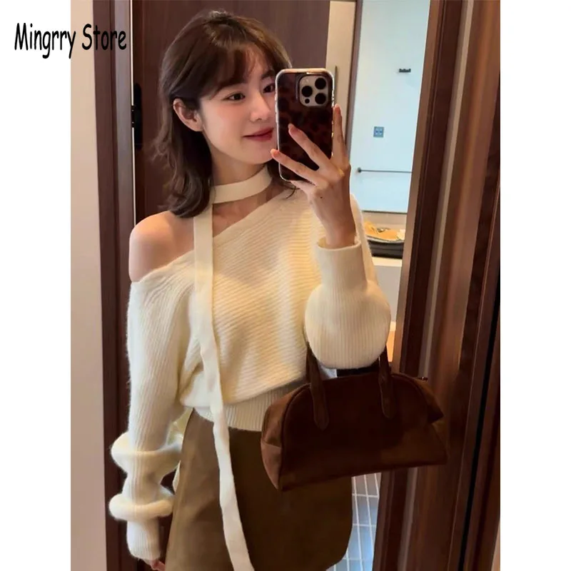 

Autumn Winter 2025 Women Sweater Korean Fashion Warm Off The-Shoulder Scarf Design Sweater Knitwear Solid Long Sleeve Pullovers