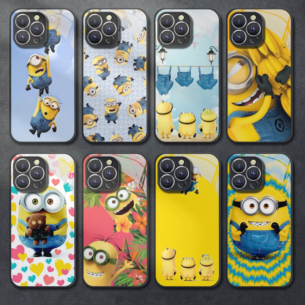 Cartoon M-Minions Geel Gehard Glazen Telefoonhoesje Voor Iphone 11 12 13 14 15 Pro Max X Xr Xs Max 7 8 Plus Mini Bumperhoes