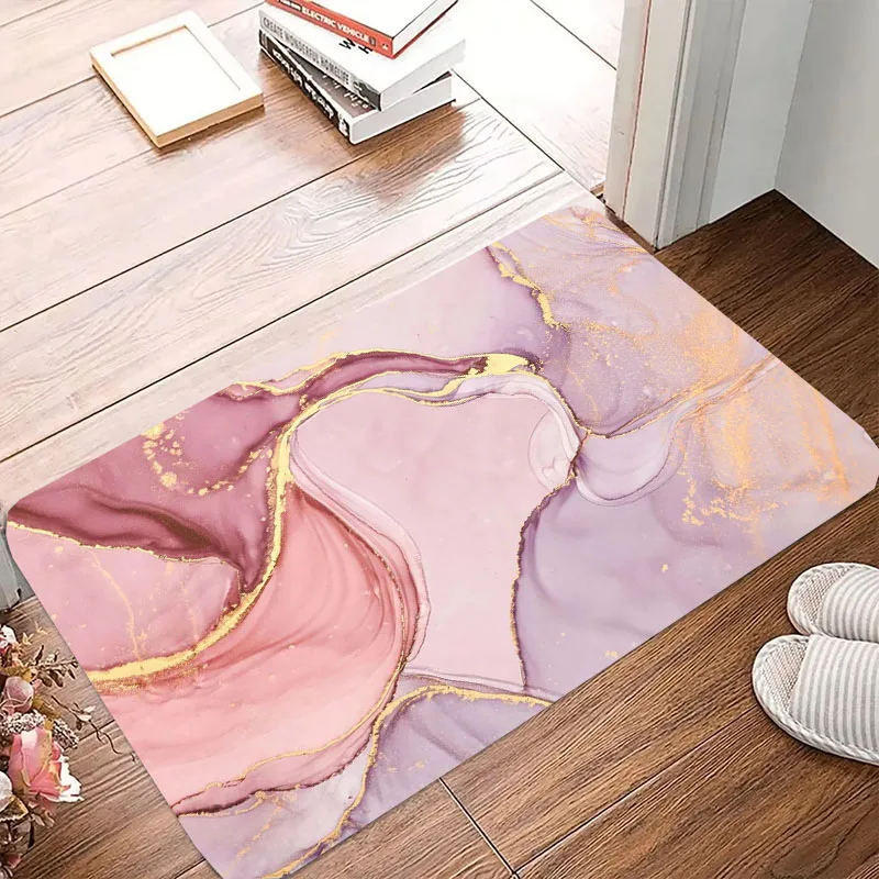 Designer Fashion Bathroom Mats Living Room Carpet Hallway Pink Marble Gold Line Art Anti-slip Floor Rug Pads Decor Accessories