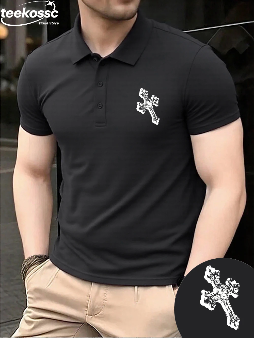Exquisita camiseta Polo con estampado de cruces para hombre, camisetas de manga corta para ir al trabajo, camisetas con solapa transpirables, ropa de trabajo informal para hombre