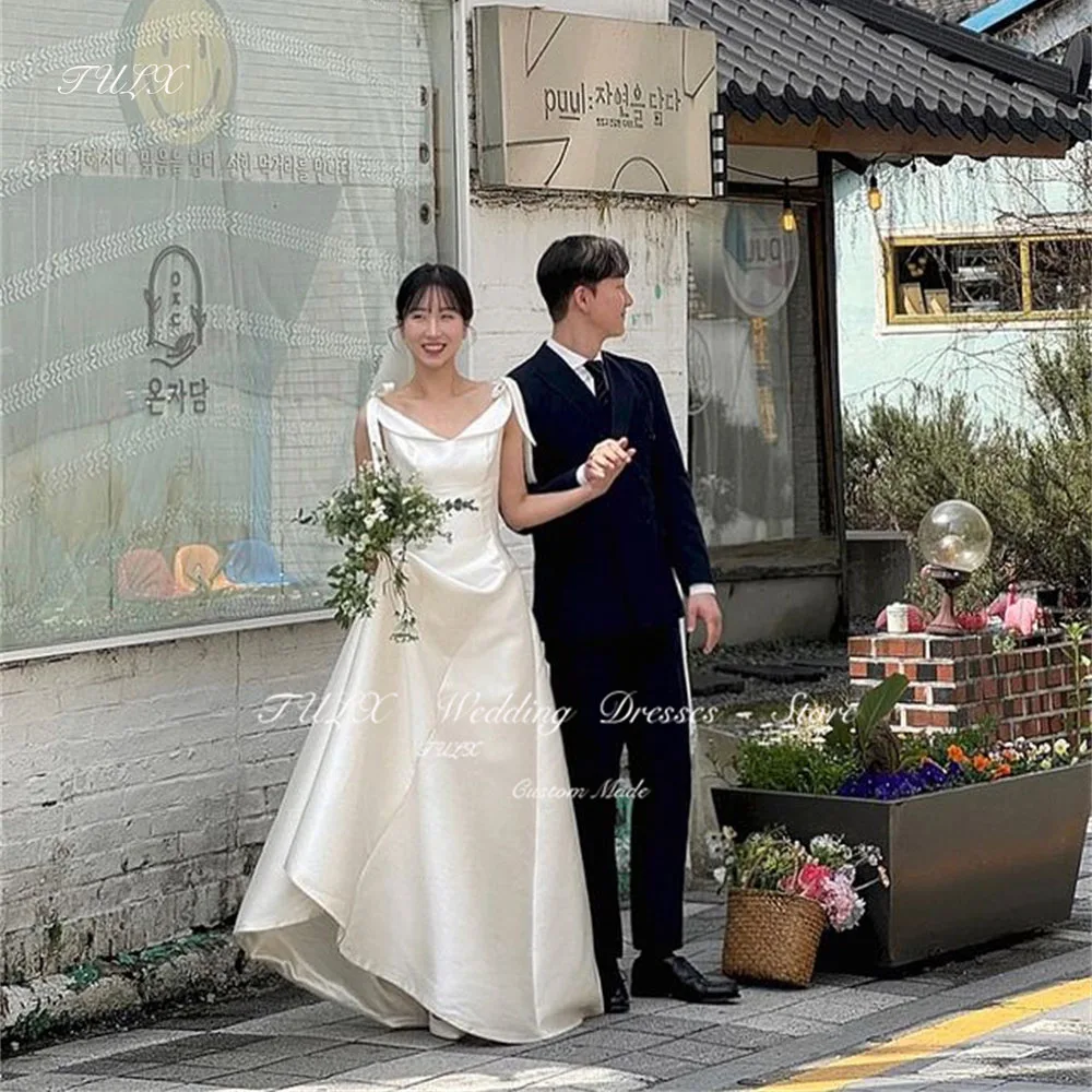 

TULX Elegant V-Neck Satin Korea Wedding Dresses Outdoor Shoot Floor Length Bow Bridal Gowns Corset Back Plus Size Custom Made