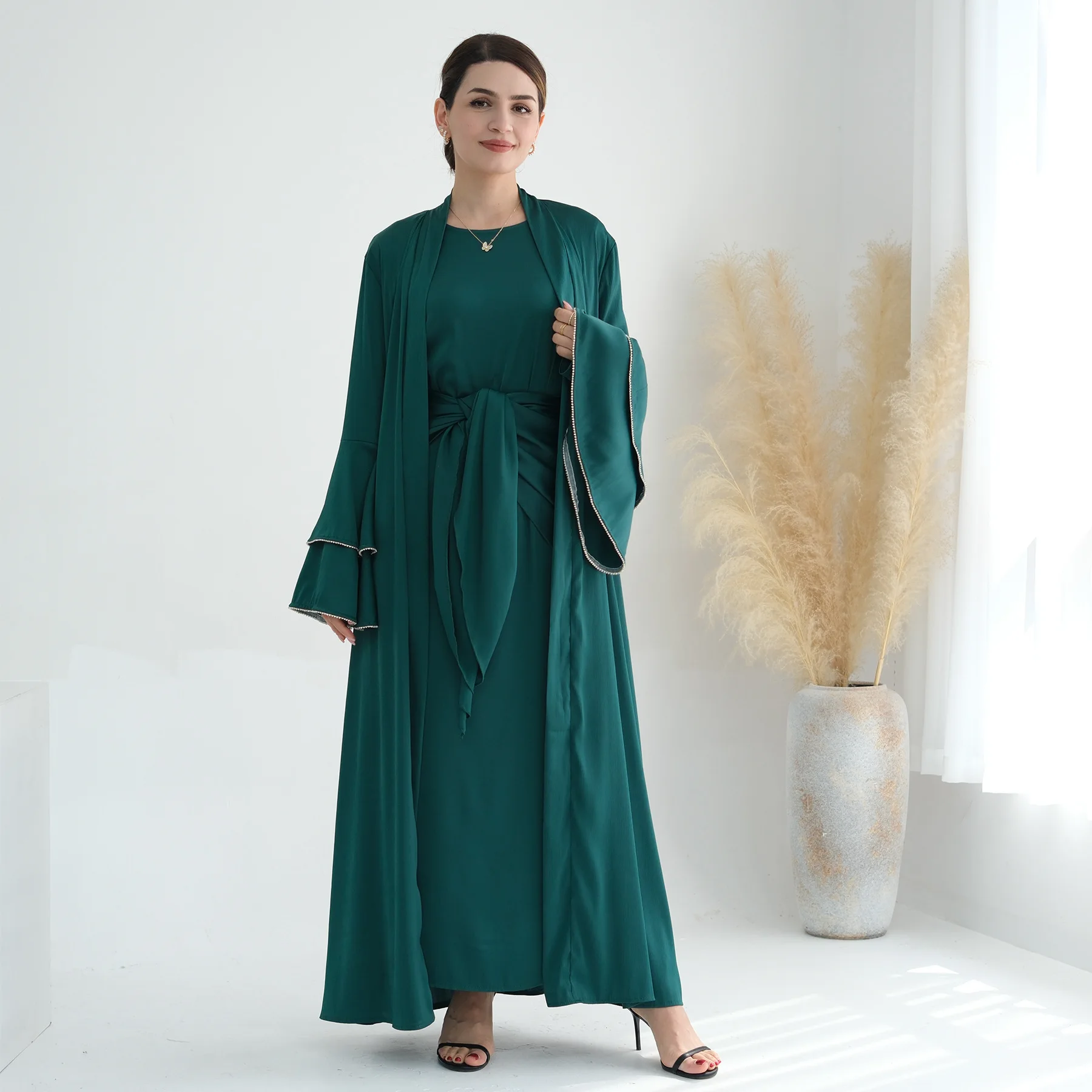 

Ramadan Satin Abaya Kimono Cardigan Skirt 3PCS Set Muslim Women Maxi Dress Islamic Clothing Saudi Arabic Robe Kaftan Outfits Eid