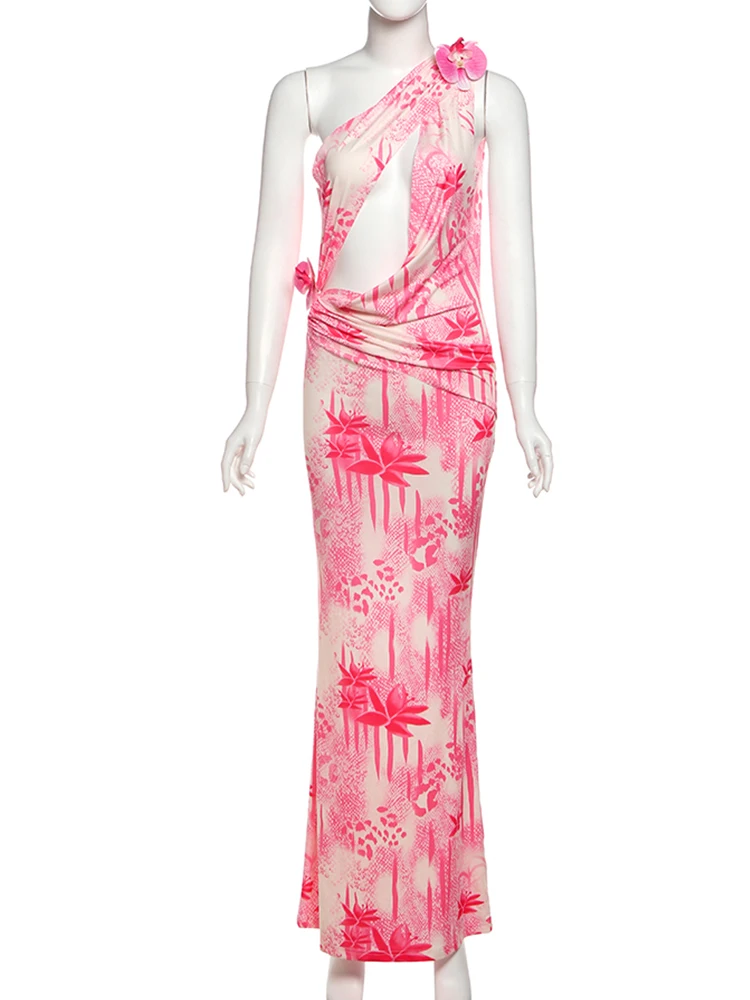 Macheda Irrégulière Creux Tie-Dye Imprimer Robe Femmes Fleur Appliques Skew Col Dos Nu Vacances Tendance Plage Partie Longue Moulante