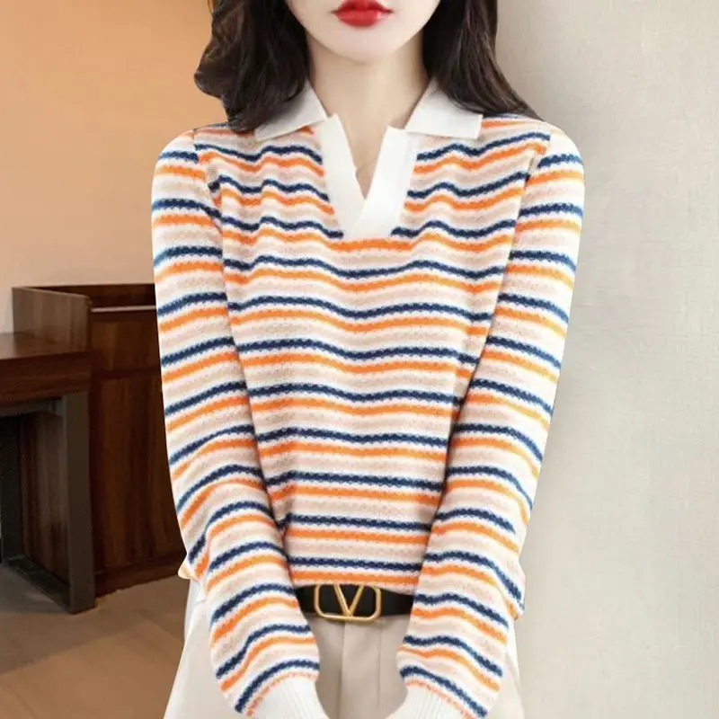 Frühling Herbst Polo Kragen Bottom Shirt für Frauen koreanische trend ige kleine V-Ausschnitt neue Streifen gedruckt Langarm Pullover Pullover