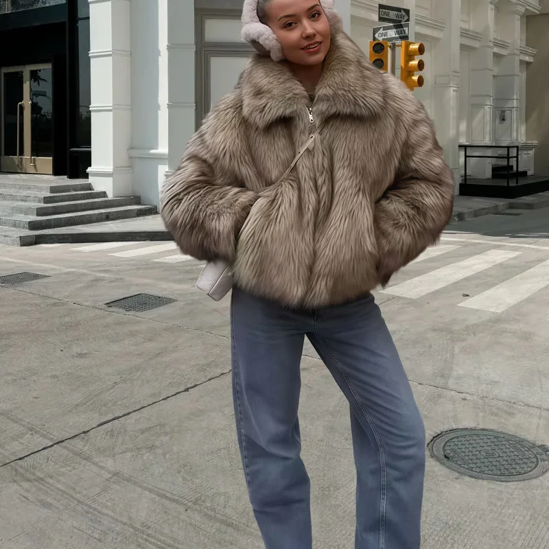 

Зимнее женское пальто из искусственного меха 2024, карманы, воротник с лацканами, градиентное пальто из эко-меха для женщин, эстетичная повседневная женская меховая куртка