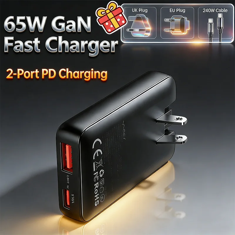 Vyvylabs 65W Ultra Thin GaN Travel Charger with Dual PD Port Wall Charger Phone and Laptop Quick Charge for iPhone15-17 Macbook