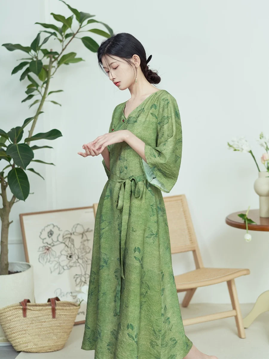 레트로 슬레 젠틀우먼스 리포머드 코튼 린넨 드 플로럴 프린트 A라인 스커트 또는 Sve V넥 여름 드