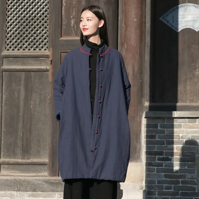 Retro Chinese Style Stand Up Collar Contrasting Color Plate Buckle Medium Length Cotton Jacket Linen Loose Fitting Cotton Jacket