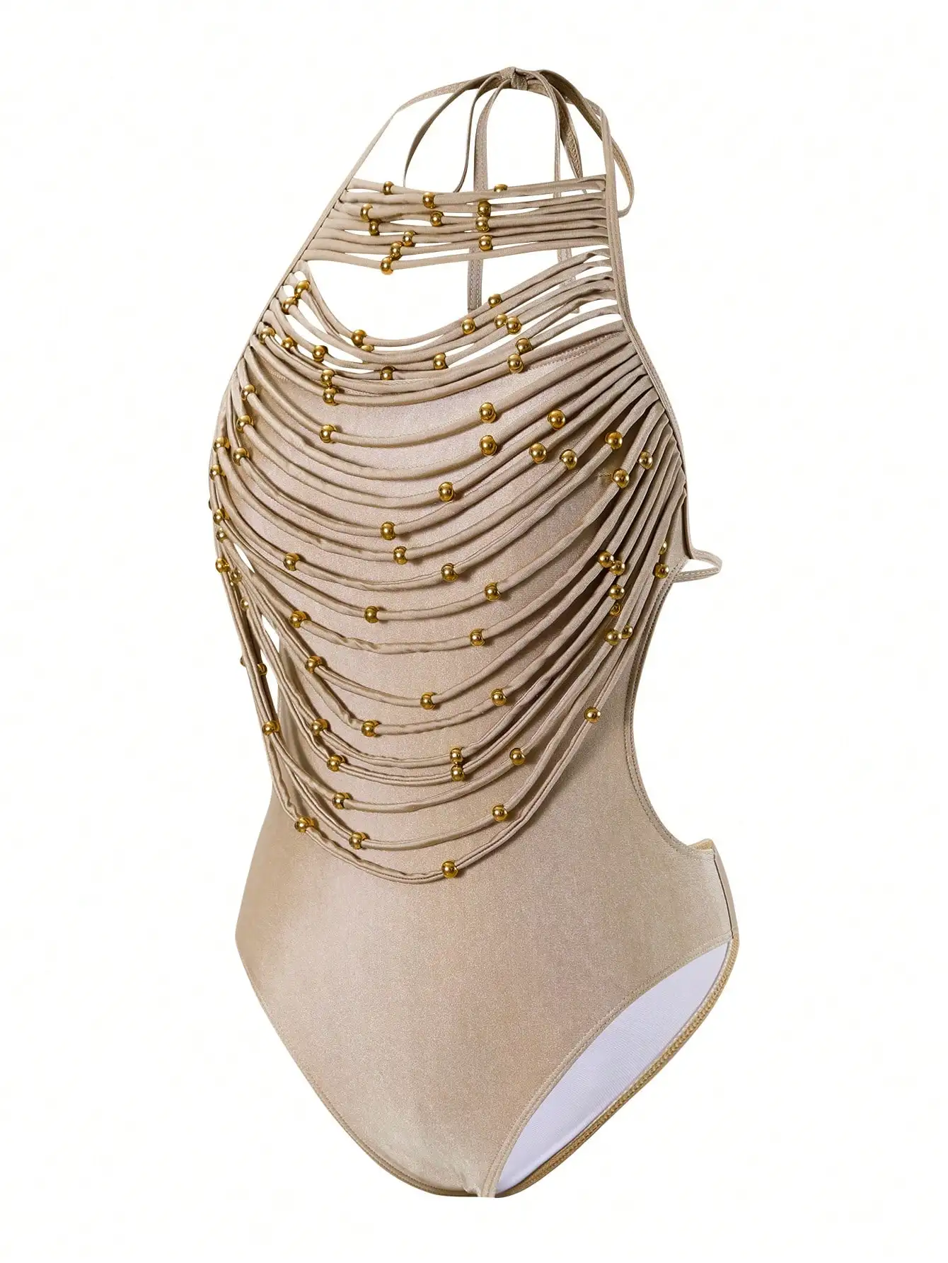 

One-Piece Swimsuit With Hollow Metal Beads Halter Neck Boho Festival Beach Swimwear