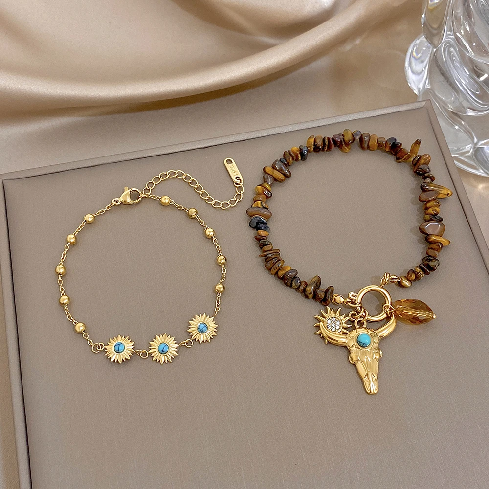 Retro Natural Stone Stainless Steel Beaded Bracelet for Women Ethnic Style Stackable Sun Bull Head Pendant Bracelet Jewelry Gift