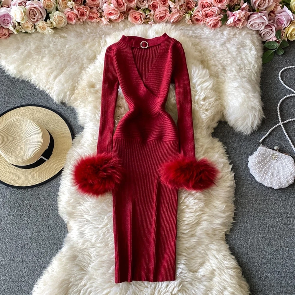 

Sexy Party Dresses Slim Elastic Warm Base Femme Robe Autumn Winter Shiny Knitted Dress For Women Long Sleeve Hollow Out Bodycon