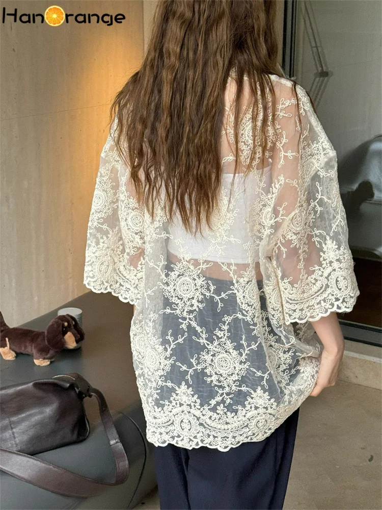 HanOrange 2024 Summer Retro Hollow Lace Short Sleeve Shirt Women Lightweight Breathable Loose Single Breasted Top Beige