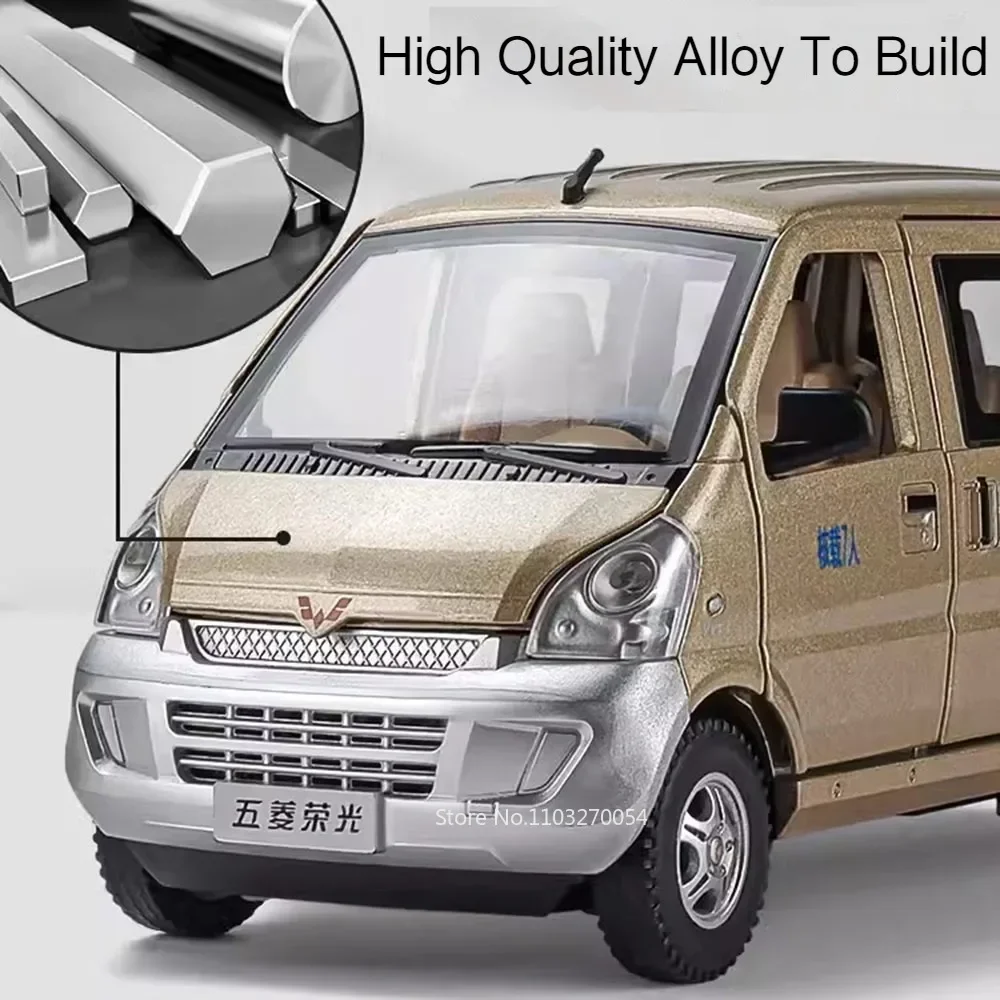 Wuling Rongguang-Coche de aleación fundido a presión, escala 1/24, 6 puertas abiertas, luz de sonido, Tire hacia atrás, neumáticos de goma, juguete para niños, regalos