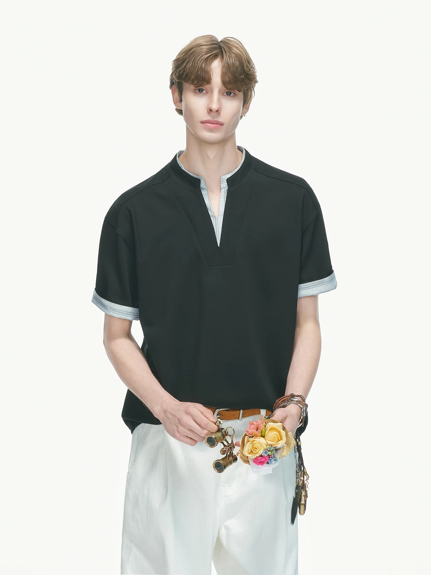 Dream Made Men's V-Neck Short Sleeve T-Shirt Fake Two-Piece Style Henry Collar Summer New Arrival Breathable Comfortable Poly...