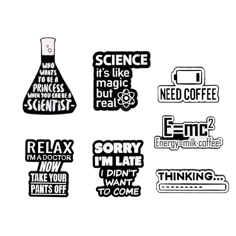 Coffee Time Enamel Pin Science is Magic Energy Coffee Milk Brooch Bag Lapel Pin Black White Badge Scientist Jewelry Gift Friend