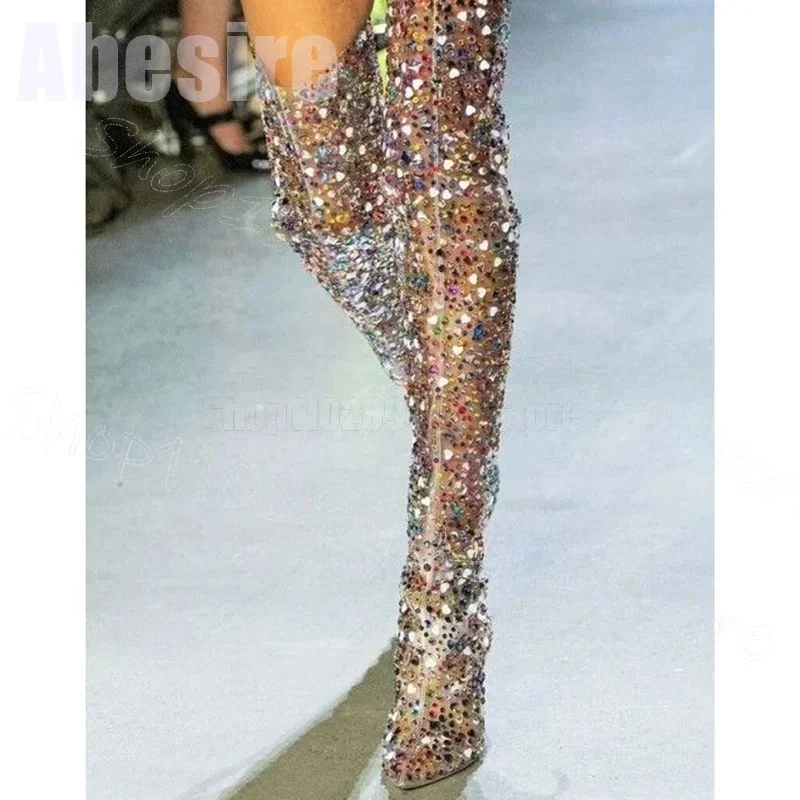

Colorful Crystal Clear Pointed Toe Runway Boots Back Zipper Women Shoes Chunky High Heels Party Banquet 2025 Zapatos Para Mujere