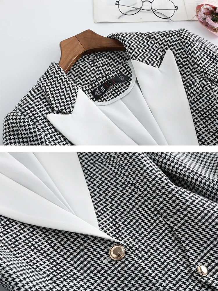 Gray Plaid Office Ladies Women Suit Blazer Jacket Houndstooth Single Button Female Formal Coat Jacket  For Autumn Winter