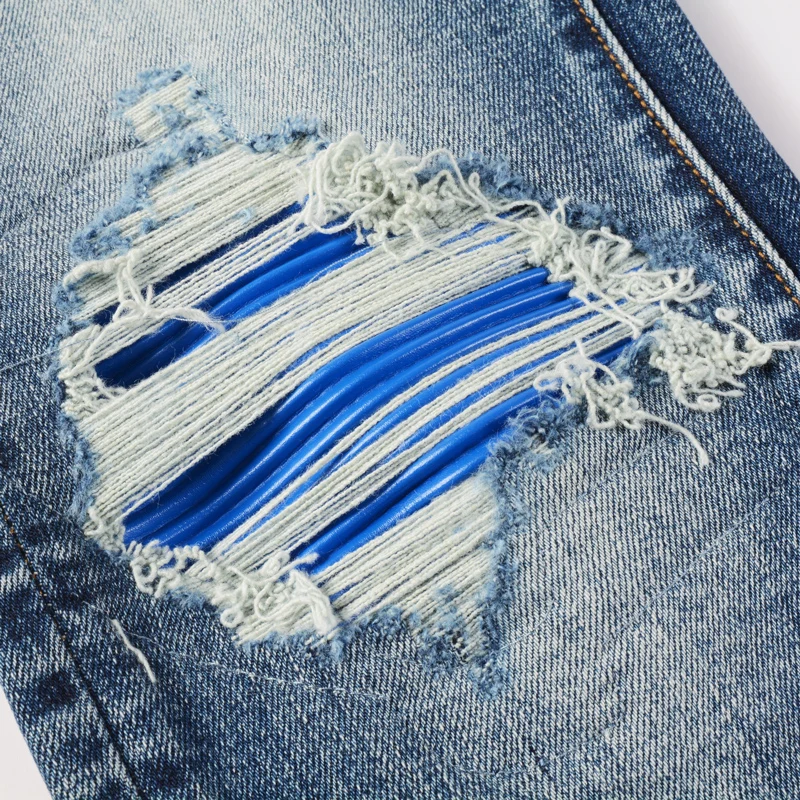 

designer street fashionY2K new jeans washed nostalgic stretch slim fit retro perforated blue leather patch blue jeans hip-hop b