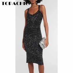 10.18 TOPACHIC Women's Fashion Temperament Collect Waist Spaghetti Strap Sleeveless Ribbed Knit Midi Dress