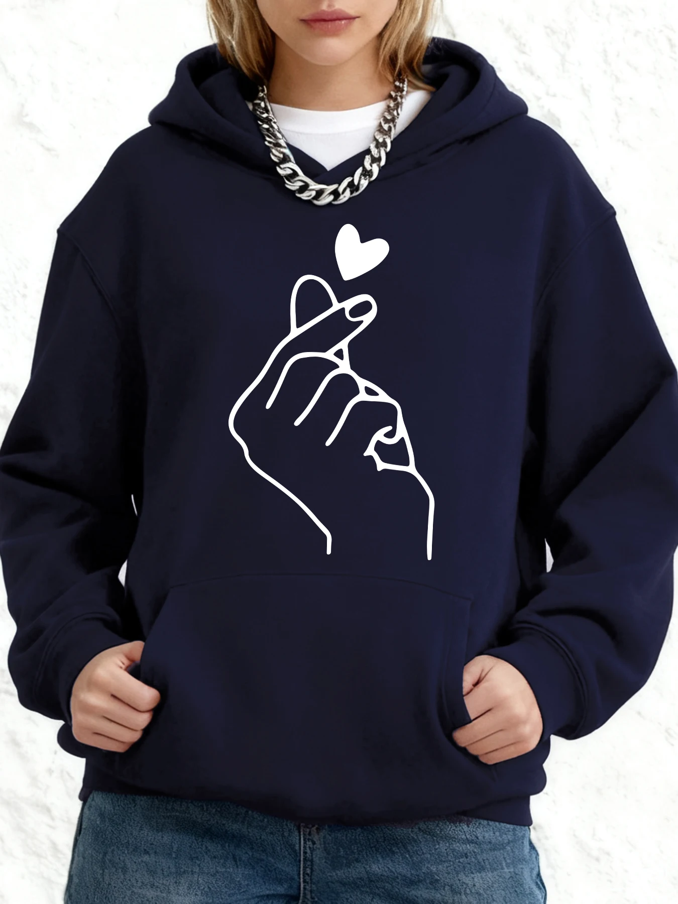 سترة نسائية بغطاء للرأس مطبوعة يدويًا على شكل قلب بسيط للخريف، سترة بغطاء للرأس كبيرة الحجم من القطن ثقيلة الوزن #3