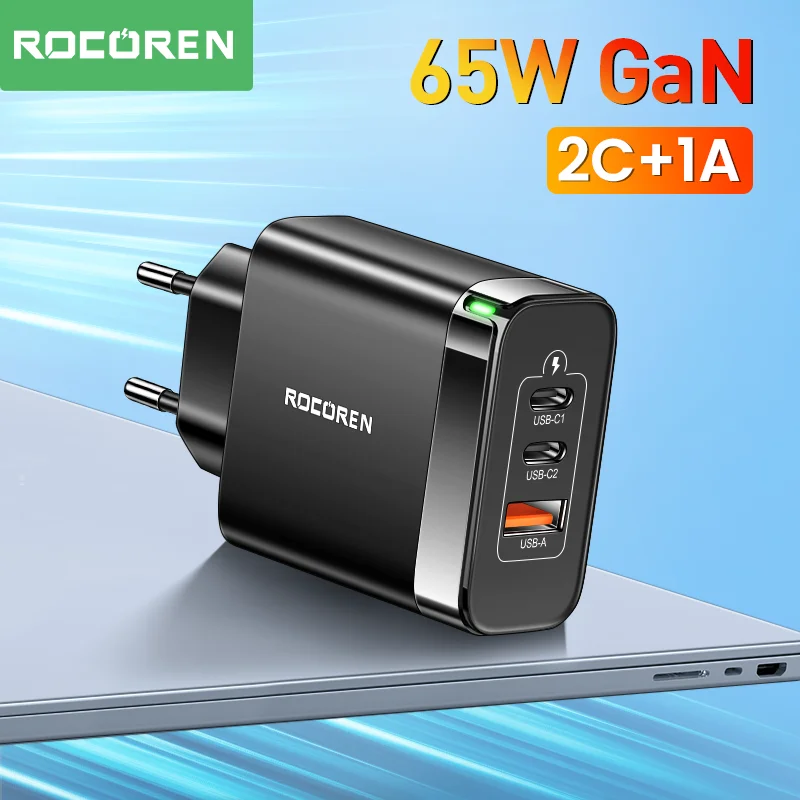 Rocoren 65W GaN USB Type C Charger PD QC 4.0 3.0 Fast Charging USB C Charger For MacBook iPhone 14 13 Pro Xiaomi Laptop Phone