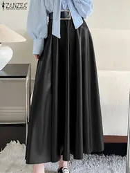 ZANZEA Women PU Leather Skirt Korean High Waist Fashion Pleating Jupe Vintage Office 2024 Spring Falda Loose Solid Long Skirts